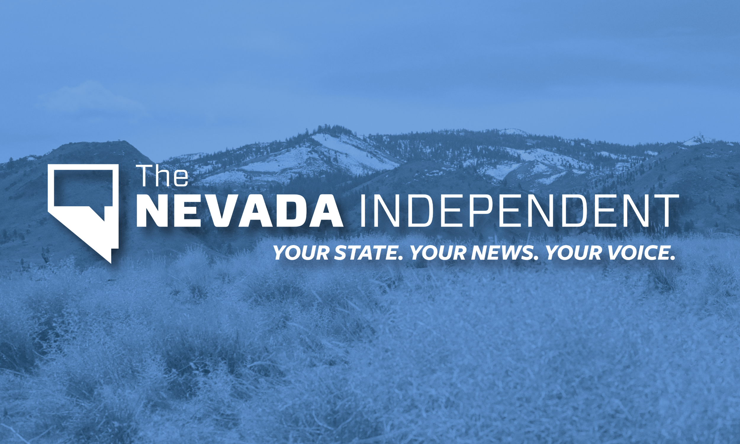 The Nevada Independent logo laid over blueish image of cold mountains