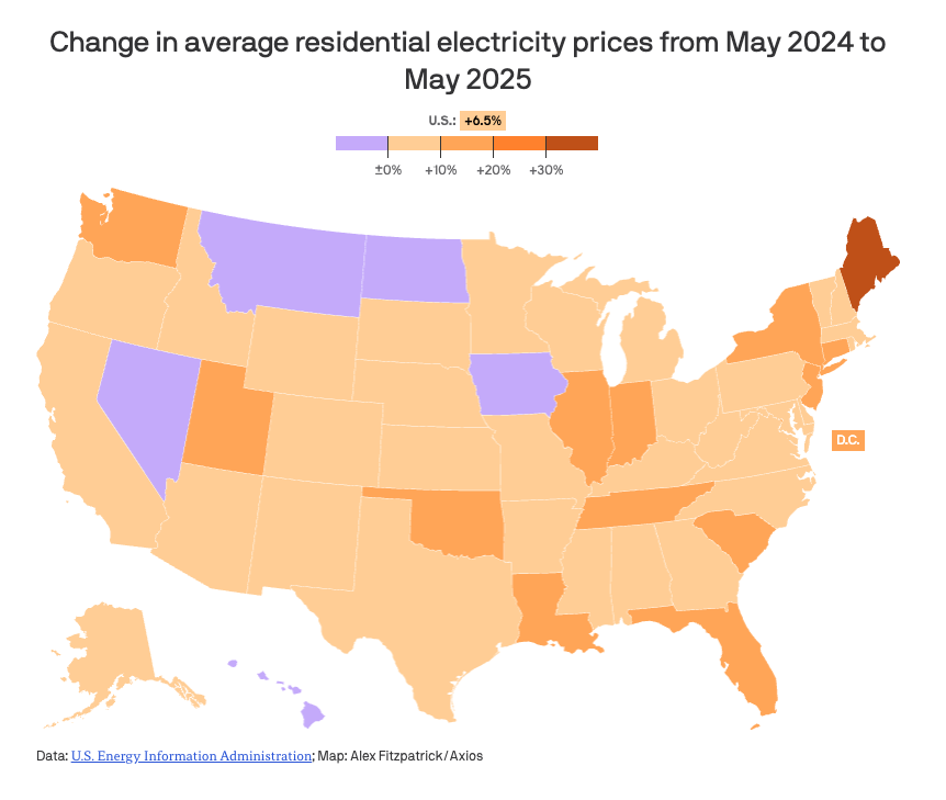 A map of increased energy prices across the United States.